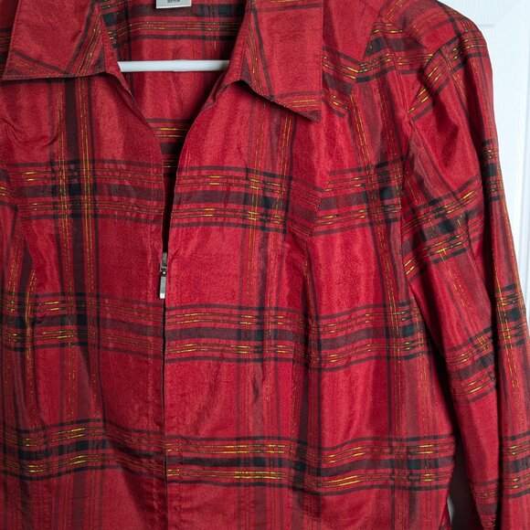 Coldwater Creek Women's Silk Red Gold Metallic Plaid Top Zip Front Petite Medium - Picture 9 of 16